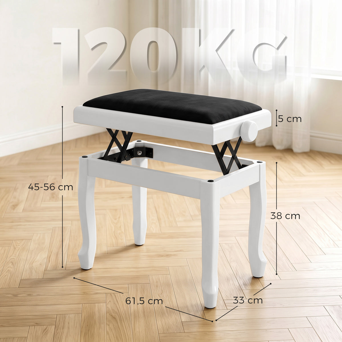 Banc de Piano, Tabouret Piano Réglable en Hauteur 45-56 cm, Banc de Clavier, Siège Rembourré en Velours, Blanc-2