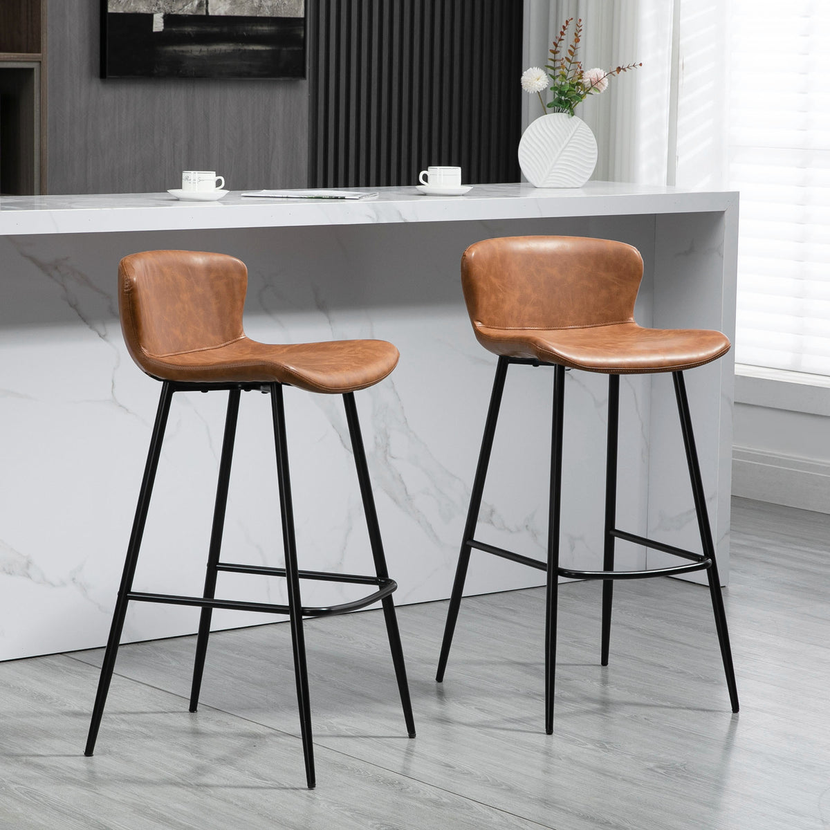 Lot de 2 tabourets de bar assise en similicuir hauteur 76 cm avec repose-pieds en acier et dossier design vintage marron-9