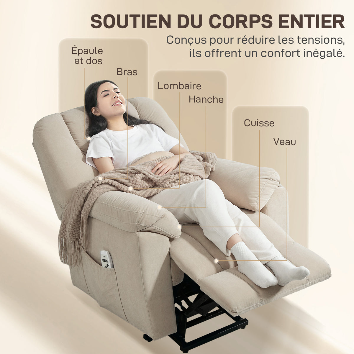 Fauteuil releveur électrique avec fonction massage et chauffage avec dossier inclinable, ports USB, télécommande, beige-6