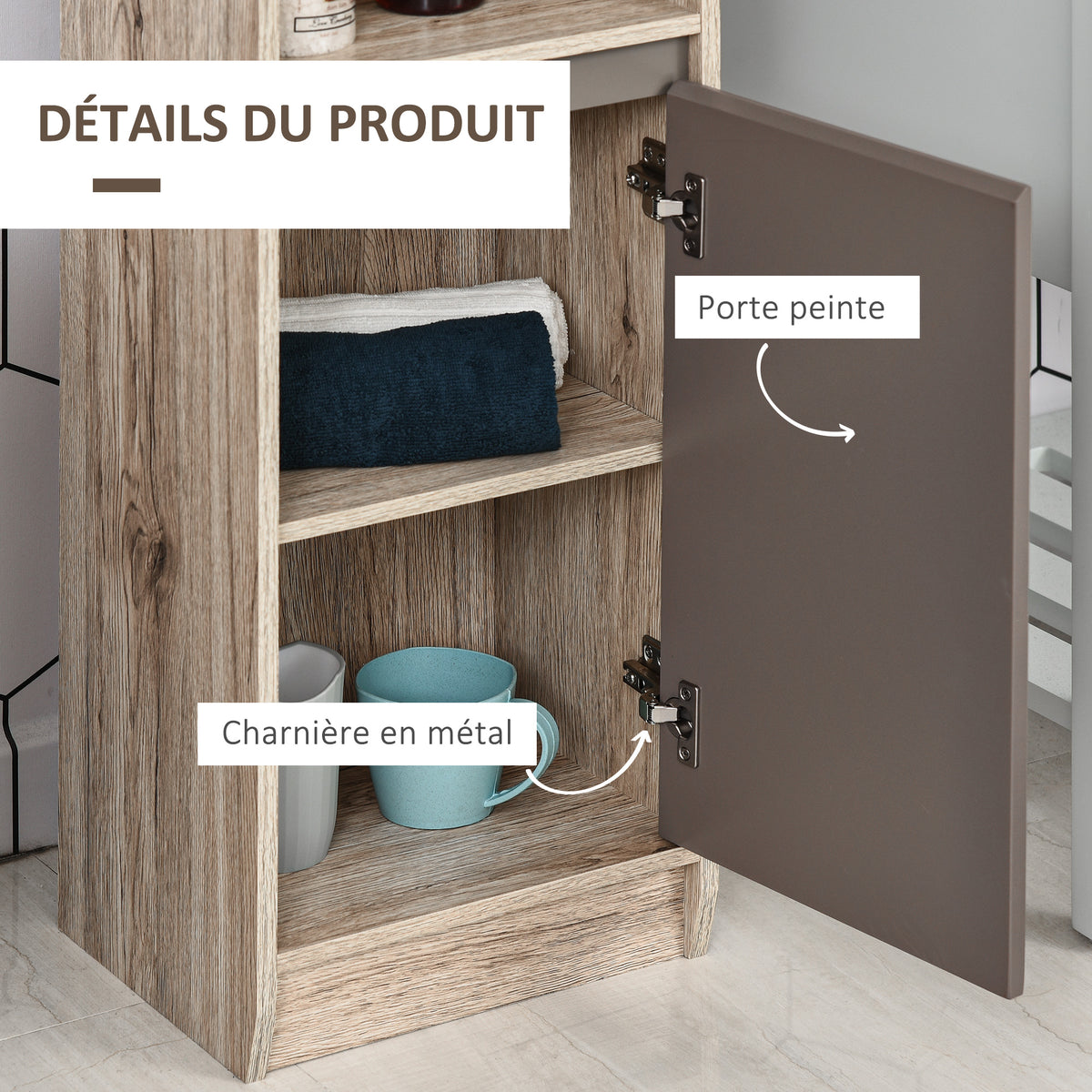 Meuble colonne salle de bain à 6 niveaux, meuble de rangement étroit avec 2 portes, 2 compartiments ouverts et étagère réglable, pour toilette, petits espaces, 30 x 24 x 170 cm gris et chêne-4