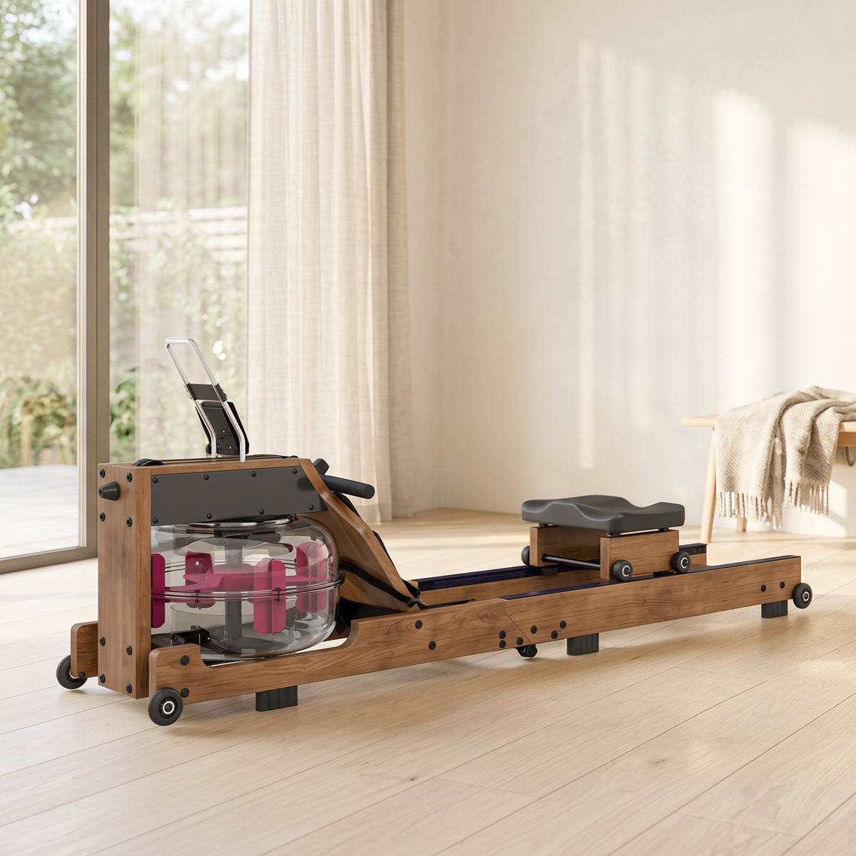 Rameur à Eau Rameur Appartement Pliable Double Rail Capacité 158kg Connexion Bluetooth 182x42x67cm Chêne-1