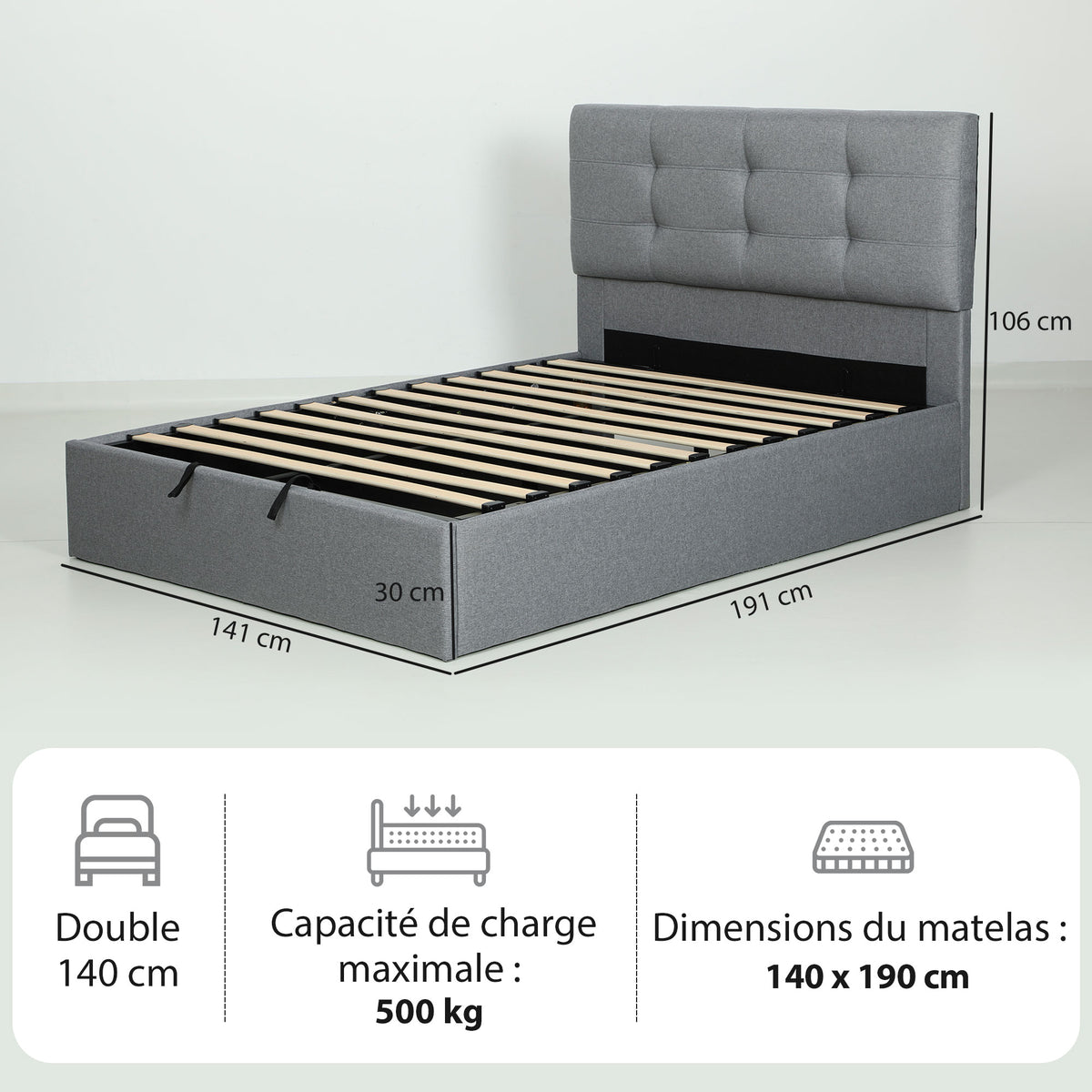 Lit coffre 140x190, cadre de lit double rembourré avec sommier à lattes en bois et rangement cach, sans matelas, gris-2