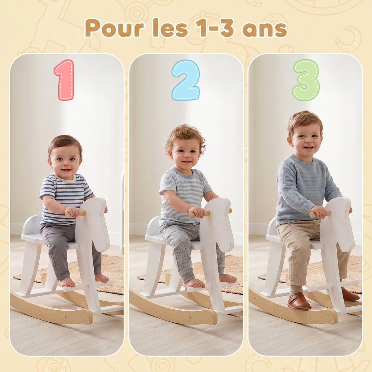 Cheval à Bascule en Bois - Jeu à Bascule Avec Poignées, Repose-Pied et Butées - MDF Contreplaqué Blanc et Bois Naturel-4