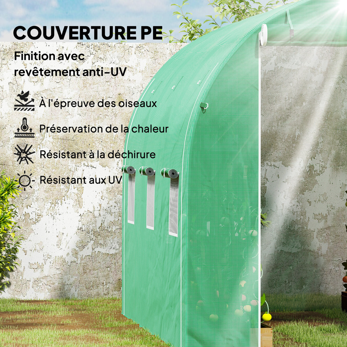 Serre tunnel de jardin 6 m² 3 x 2 m avec 1 porte + 2 parois latérales zippées enroulables, 6 fenêtres, vert-3