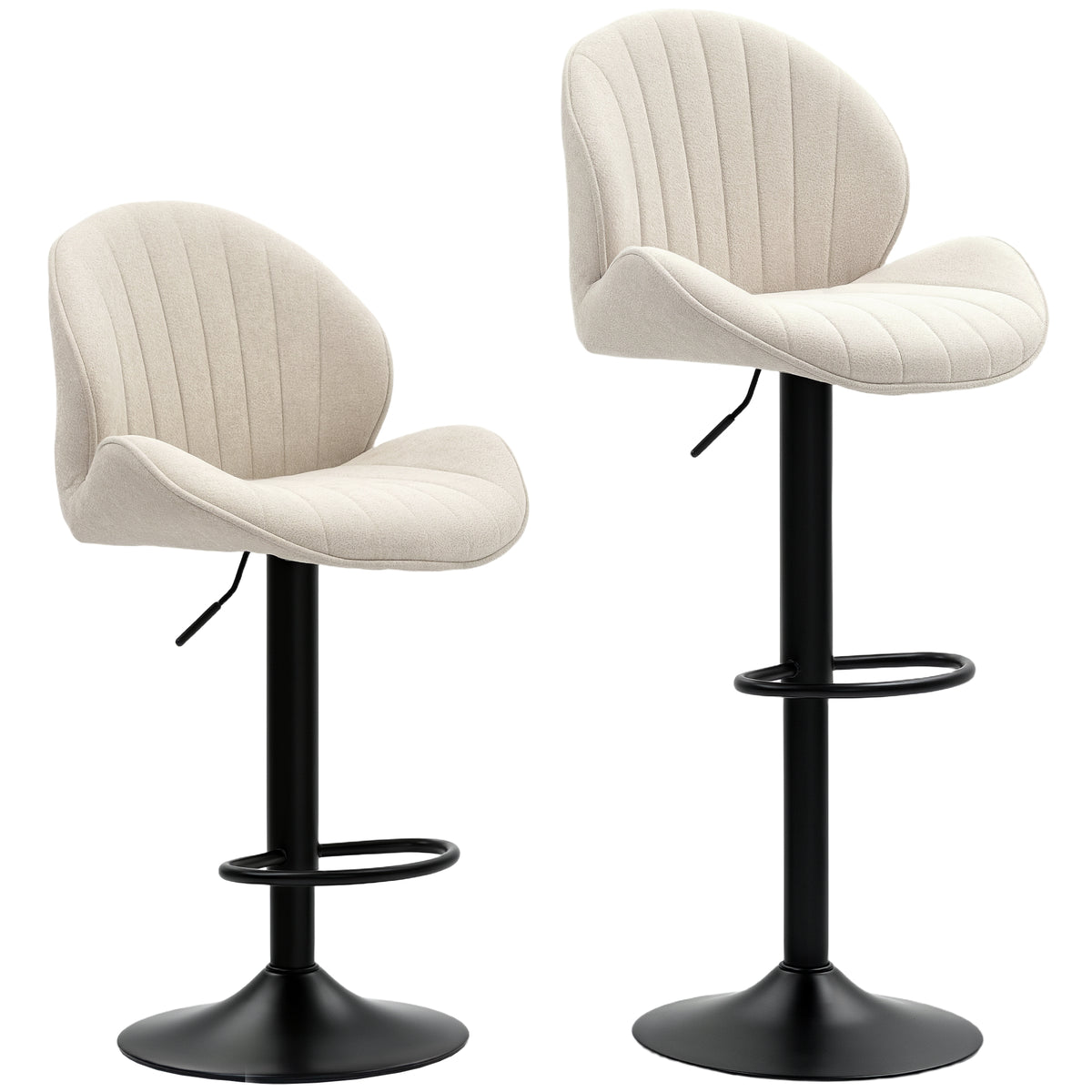 Lot de 2 tabourets de bar forme de coquillage, dossier, hauteur réglable et repose-pieds, cadre en acier, beige-0