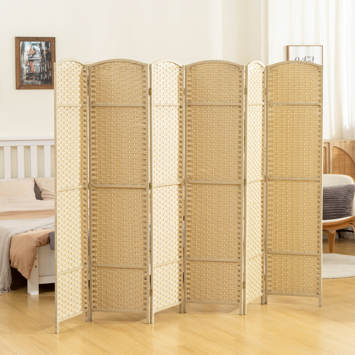 Paravent interieur en bois 6 panneaux 240 x 170 cm séparateur de pièce pliable pour salon, chambre à coucher, naturel-1
