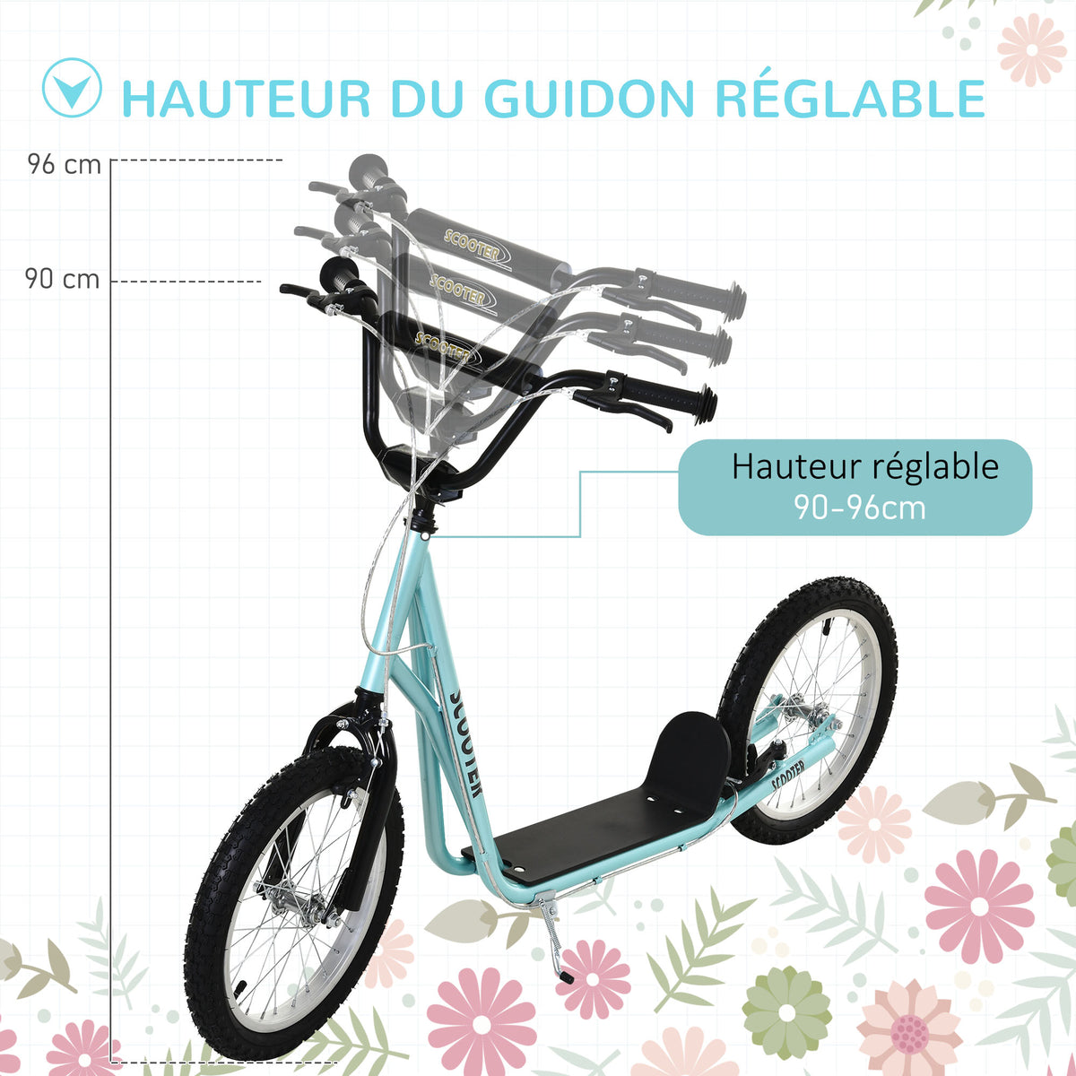 Trottinette patinette enfants partir 5 Ans Grands pneus Caoutchouc Guidon réglable poignée Frein 100 Kg Bleu-3
