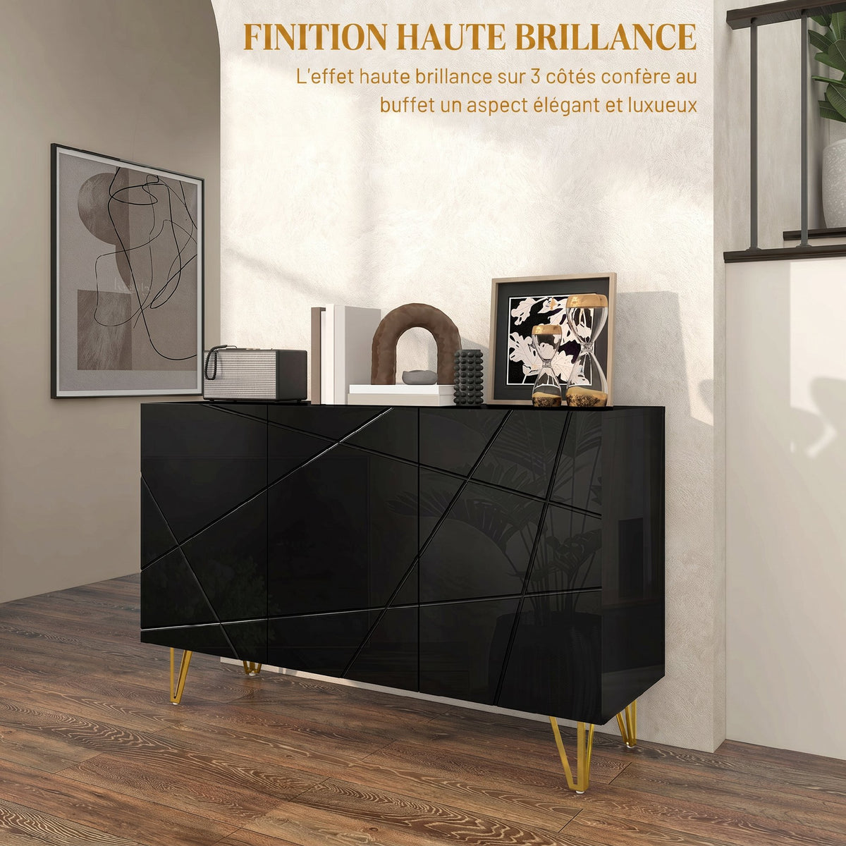 Buffet Salon, Meuble de Rangement à Haut Brillance, 3 Portes à Fermeture Douce et Étagères Réglables, 120x40x75cm, Noir-3