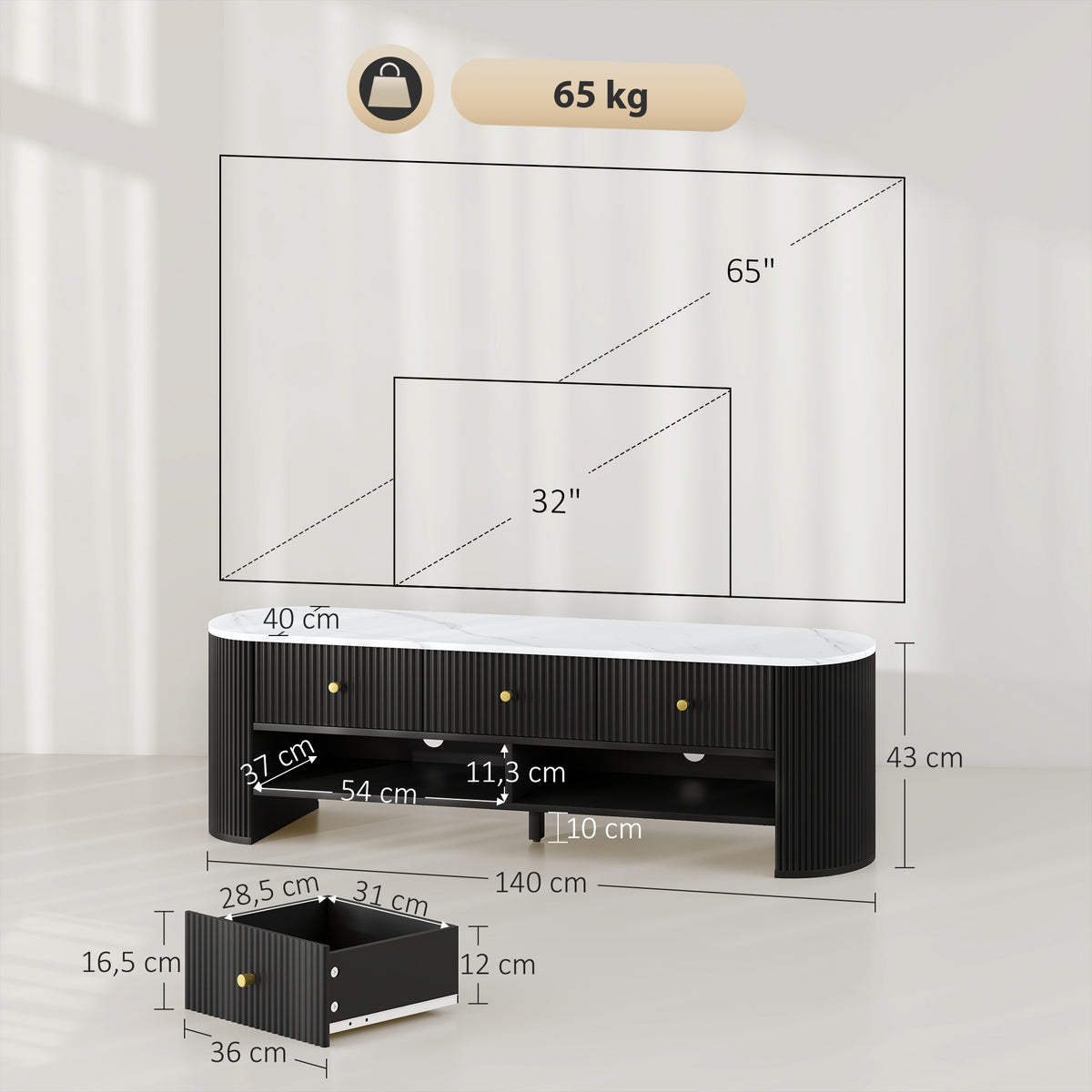 Meuble TV 140 cm, meuble télé pour téléviseur 65 pouces effet marbre avec 3 tiroirs façades à cannelures 2 étagères noir-2