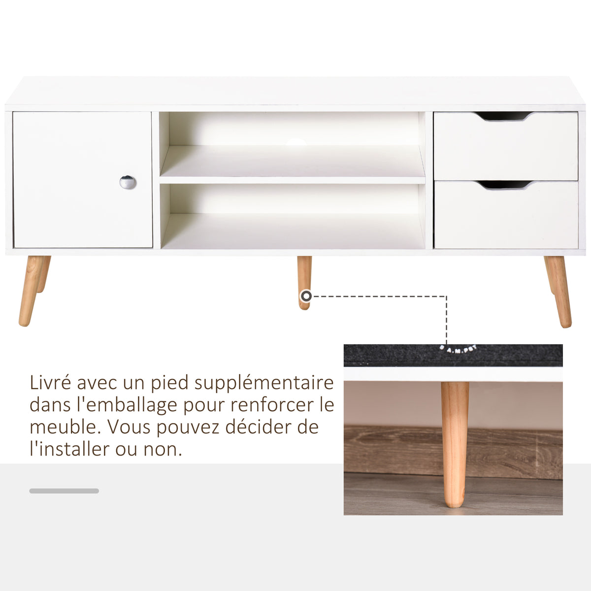 Meuble TV Banc TV Style scandinave Placard 2 niches 2 tiroirs Passe-Fils Panneaux Particules Blanc Bois pin-4
