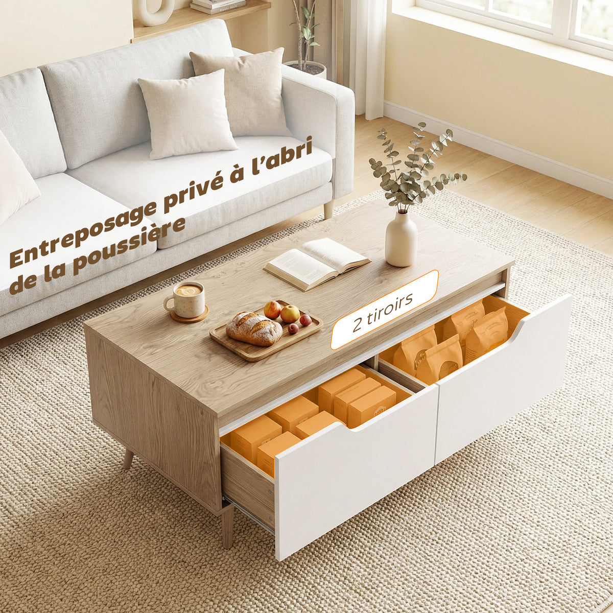 Table basse rectangulaire, table de salon moderne avec 2 tiroirs, 5 pieds en bois de pin, 100x50x46cm, chêne et blanc-4