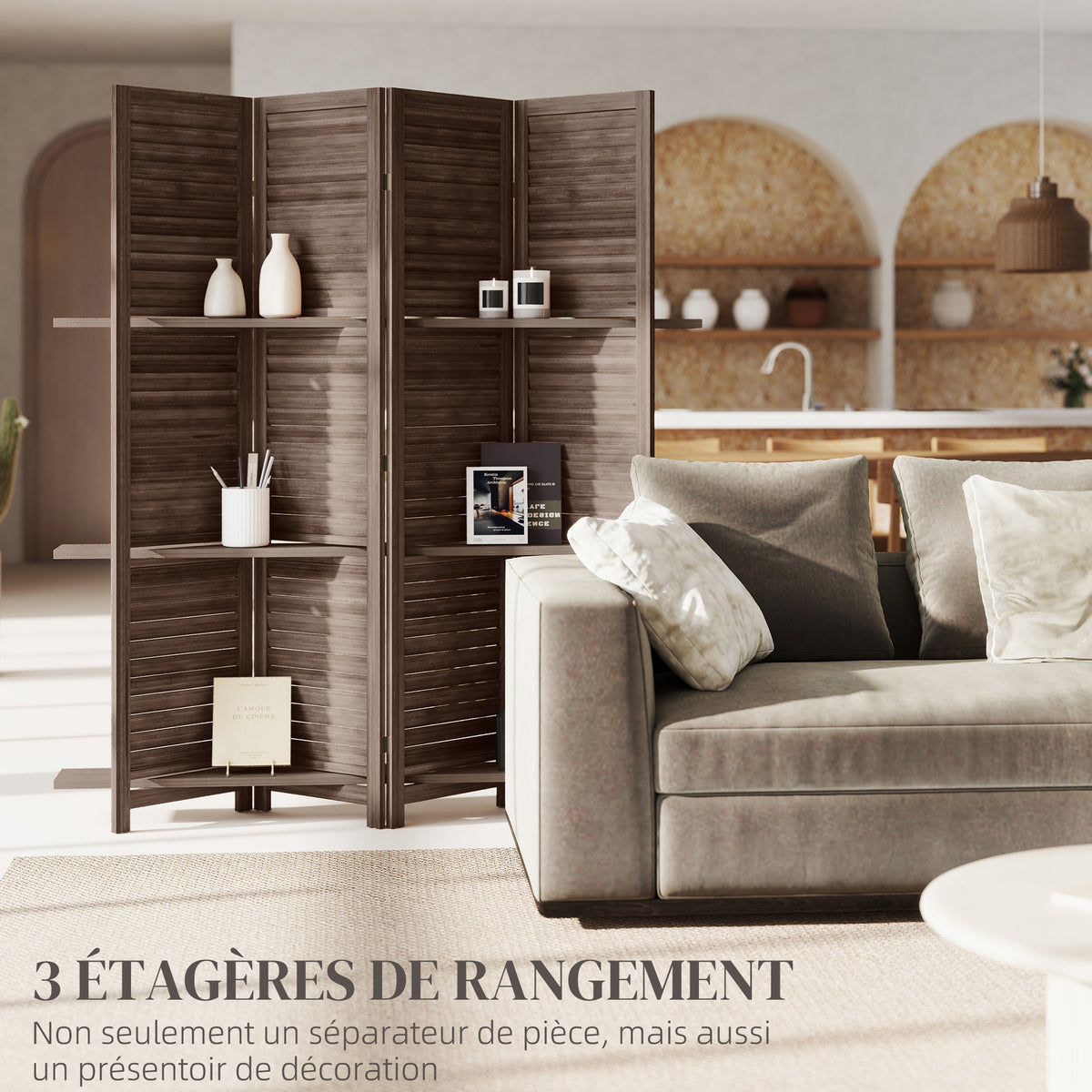 Paravent intérieur en bois 4 panneaux 160 x 170 cm, séparateur de pièce pliable avec 3 étagères, noyer-3