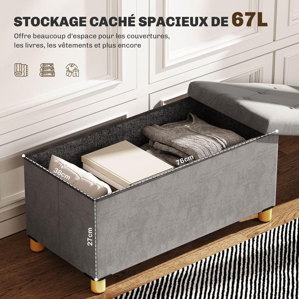 Banc de rangement bout de lit pliable volume 67 L capacité de charge 120 kg avec couvercle 76L x 38l x 38H cm gris-3