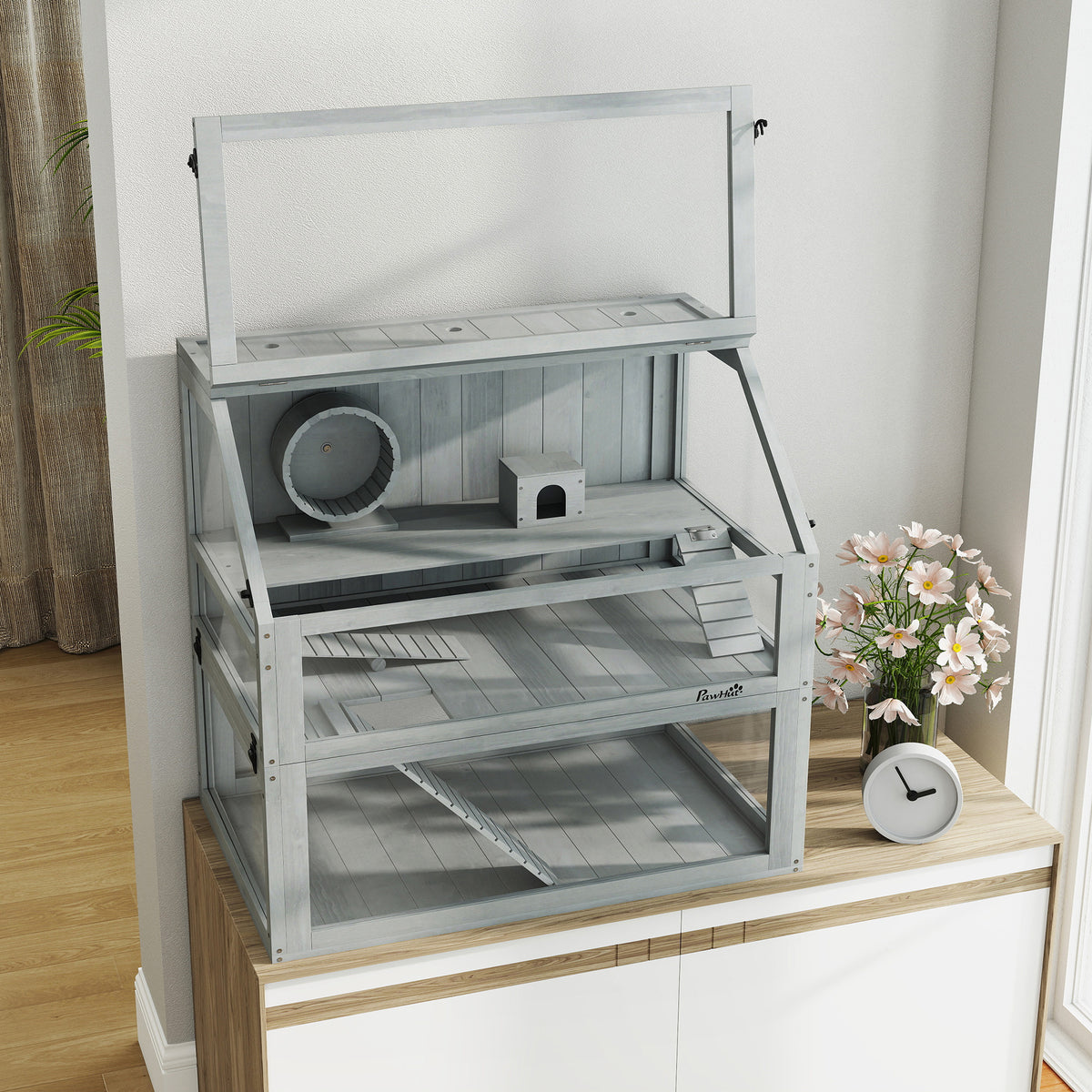 Cage Hamster Rongeur à 3 Niveaux, Base Amovible Profonde, Cabane, Balançoire, 80x50x76cm Gris Clair-8