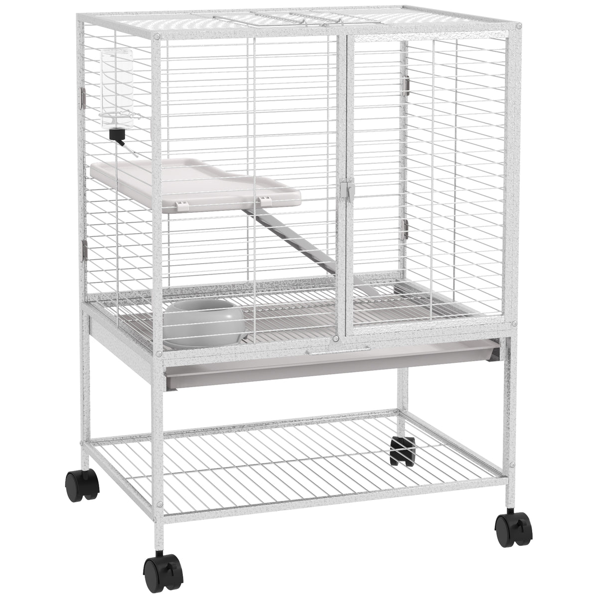 Cage pour petits animaux sur roulettes 2 niveaux avec 2 portes, 1 rampe, 1 étagère de rangement 61,5 x 44,5 x 86 cm gris-0