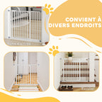 Barrière de sécurité largueur réglable 74-80 / 91,5-97,5 cm double verrouillage fermeture automatique barrière chien pour porte couloir escalier sans perçage acier blanc-7