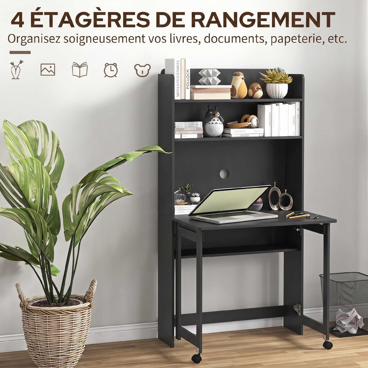 Bureau Informatique avec Étagères de Rangement, Plateau Rabattable, 2 Roulettes, pour Chambre, Salon, 80x69x155cm, Noir-4