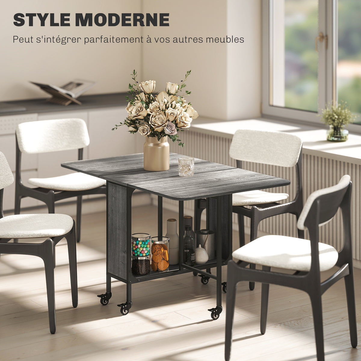 Table pliante de cuisine extensible salle à manger sur roulettes jusqu'à 6 personnes étagère intégrée, 6 roues, Gris-6