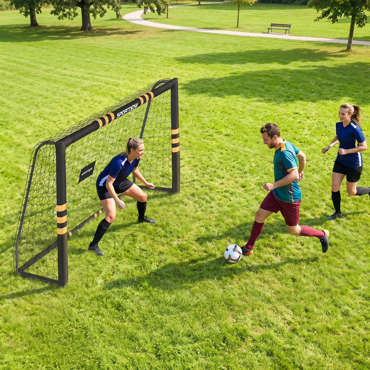 But de Football avec Mousse de Protection, 6 Piquets de Sol et Filet en PE, 240x85x160cm, Jaune-6