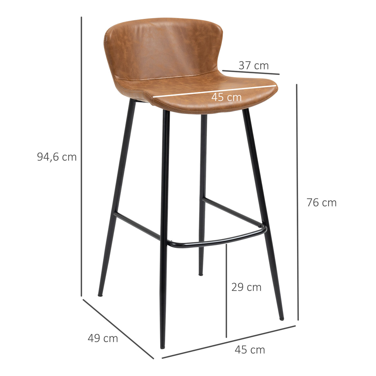 Lot de 2 tabourets de bar assise en similicuir hauteur 76 cm avec repose-pieds en acier et dossier design vintage marron-2