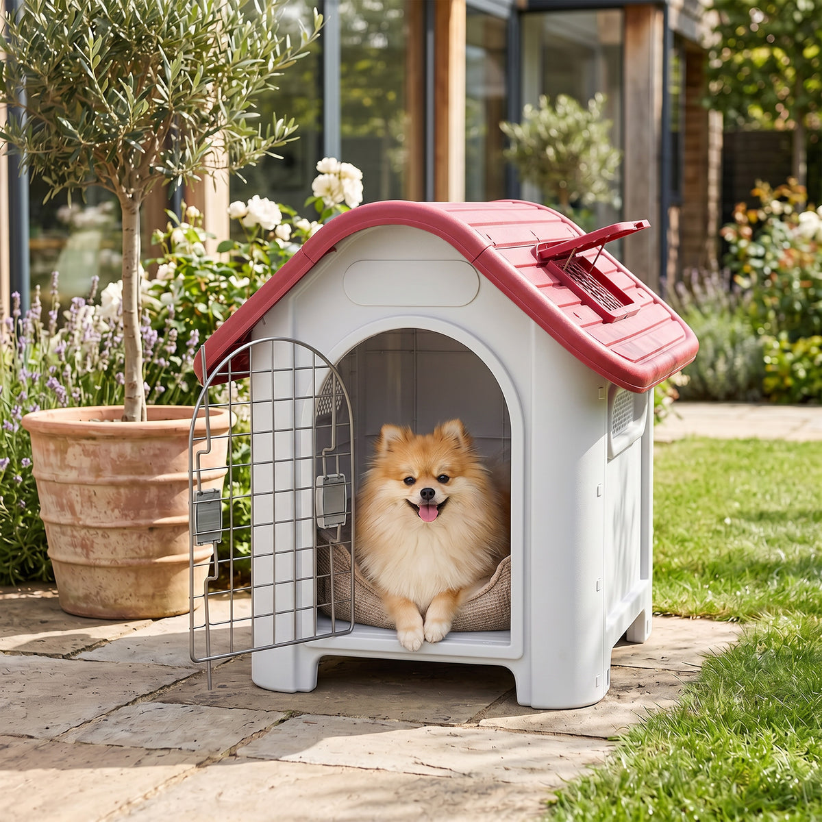 Niche pour chien extérieur et intérieur double porte en métal et multi-ventilation 59 x 75 x 66 cm rouge-1