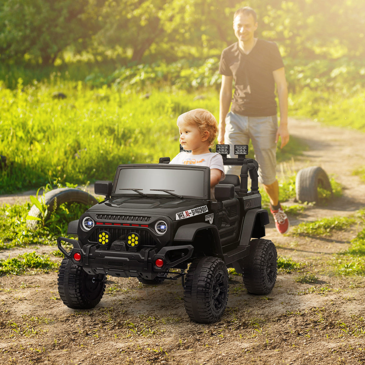 Voiture électrique enfants UTV avec télécommande 2,4G, 2 moteurs 12 V, musique, klaxon, lumières LED, 100x63x65cm, noir-1