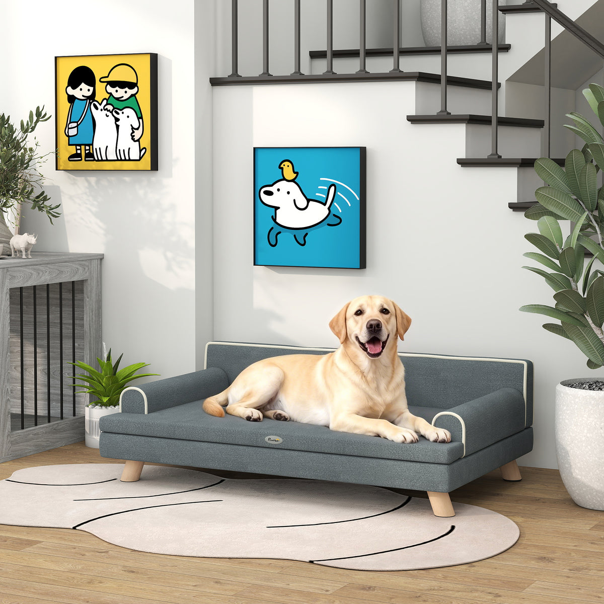 Canapé pour chien chat design scandinave coussin moelleux amovible pieds bois massif 100 x 62 x 32 cm gris-9
