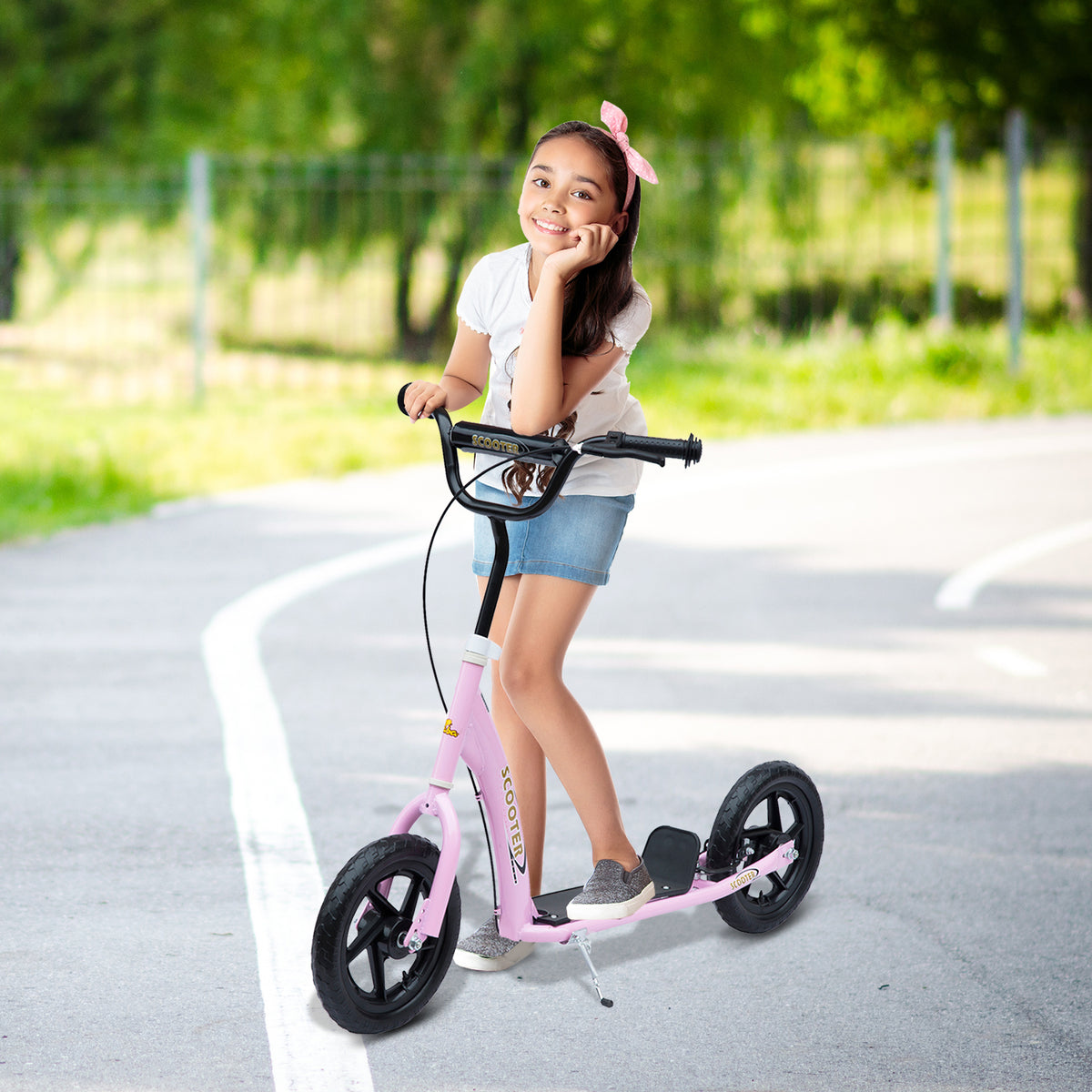 Trottinette enfant patinette pneus 30 cm Hauteur Guidon réglable poignée Frein et béquille Acier pour enfants à partir de 5 ans Rose-9