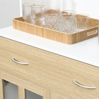 Buffet haut de Cuisine Armoire de Cuisine Multi-Rangement 4 Portes vitrine Verre avec étagère tiroir Coulissant Grand Plateau en Bois Blanc Aspect chêne Clair-7