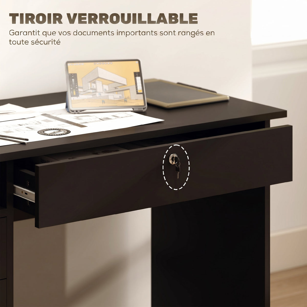 Bureau moderne avec 5 tiroirs, grand plateau, 1 compartiment ouvert, tiroir verrouillable, 110 x 50 x 76cm, noir-4