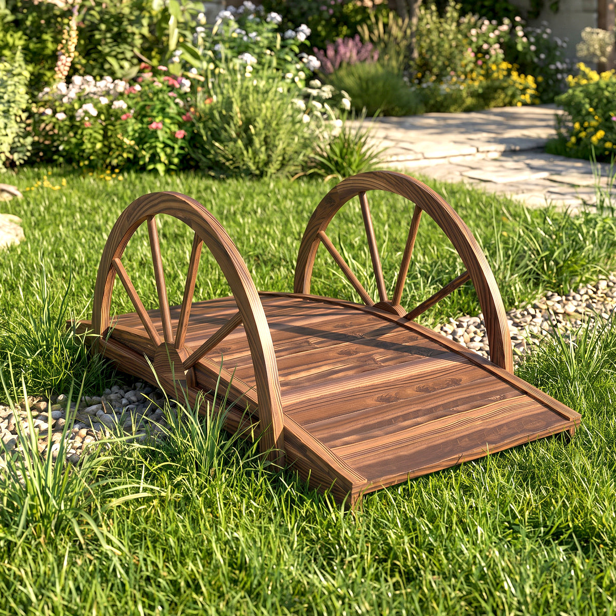 Pont de jardin en bois, avec balustrade à demi-roues charge max. 150 KG, 100 x 50 x 37 cm, marron-1
