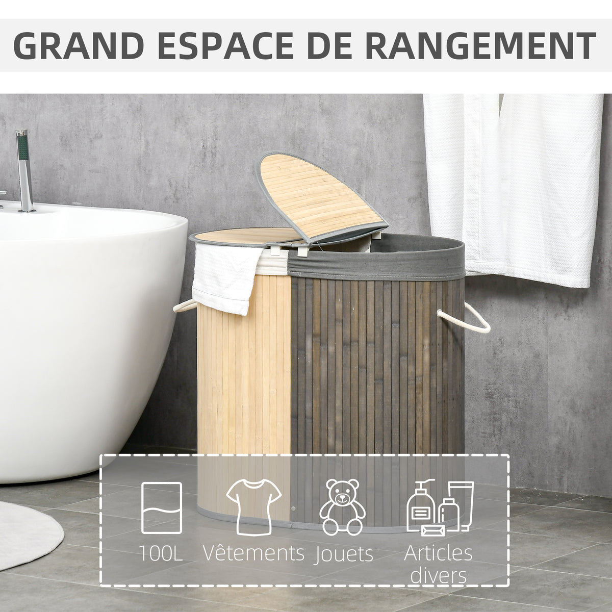 Panier à linge en bambou 100L avec 2 sections couvercle et sac amovible 62,5 x 37 x 60,5 cm - gris-3