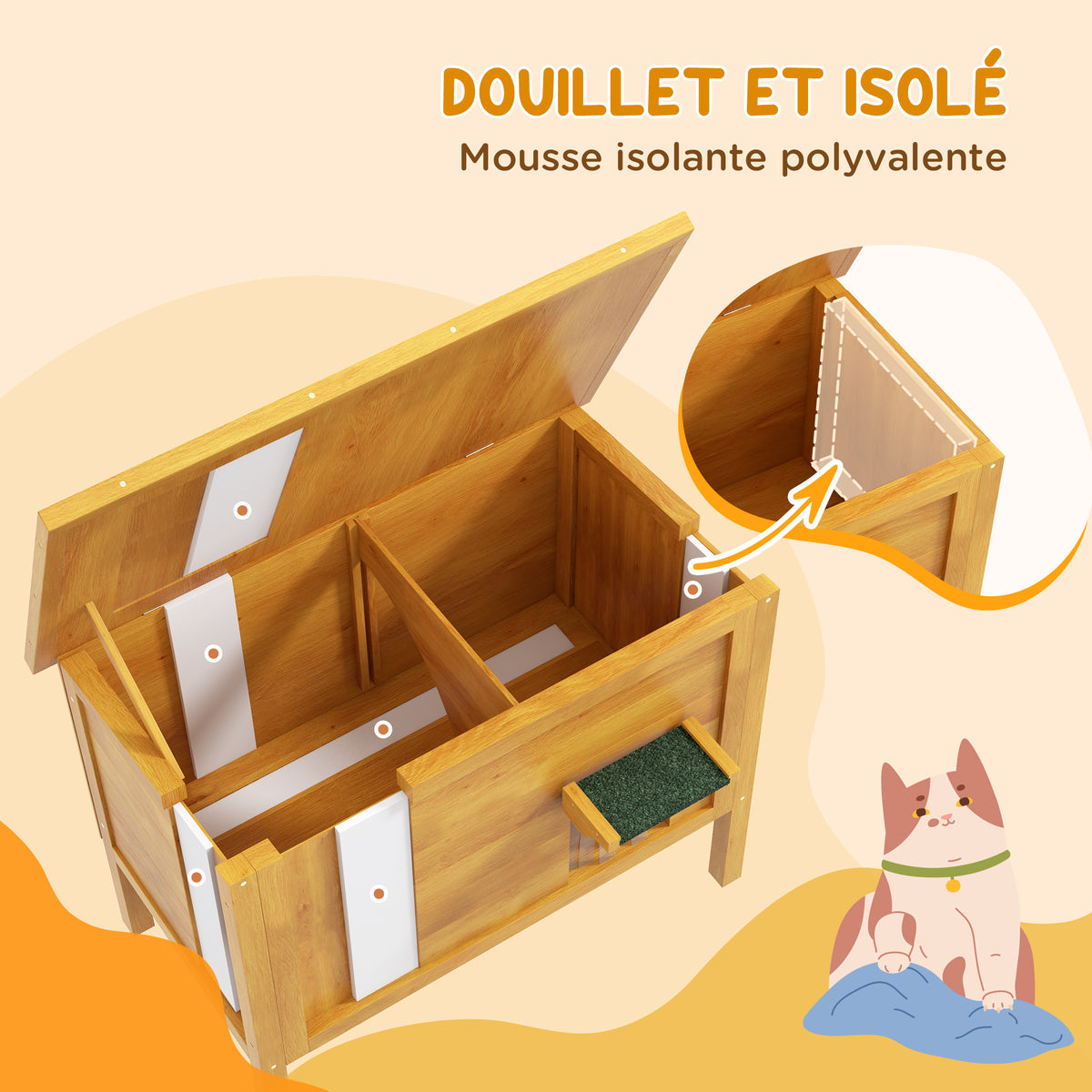 Maison pour chats niche d'extérieur en bois surrélevée avec toit ouvrable isolée 85 x 50 x 68,5 cm naturel vert-3
