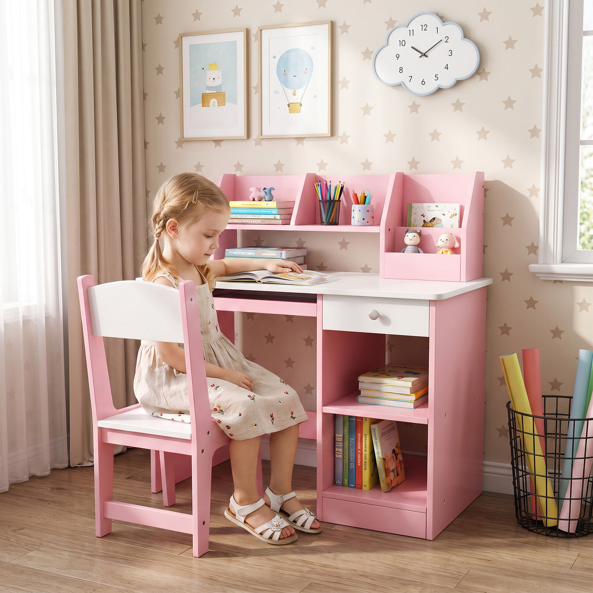 Bureau enfant avec chaise ergonomique avec clavier coulissant tiroir niches et étagères ouvertes 90 x 45 x 90 cm rose-1