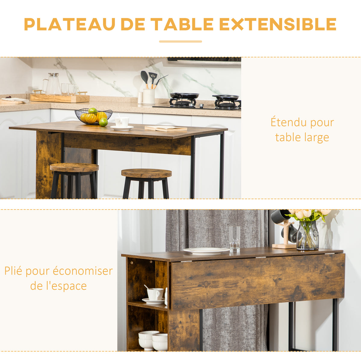 Ilot centra table de bar plateau latéral rabattable et 3 étagères 120 x 76 x 91,4 cm Brun Rustique-3