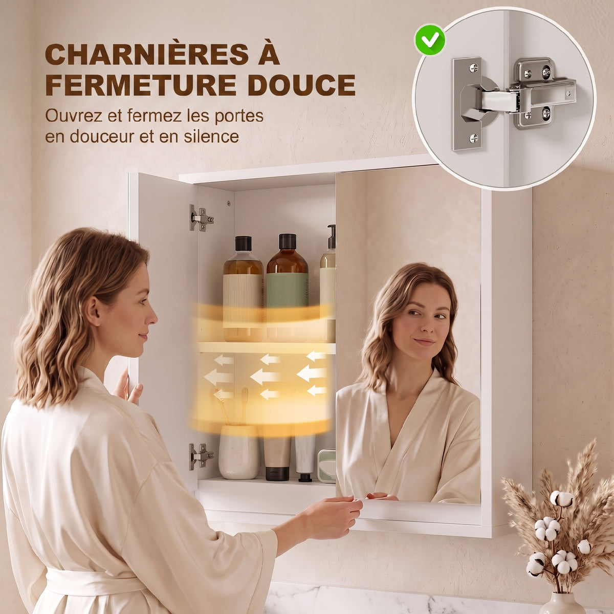 Armoire Murale Miroir Salle de Bain 2 étagères dim. 48L x 14l x 45H cm Panneaux Particules MDF Blanc-8