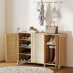 Meuble à chaussures en bambou 18 paires, armoire à chaussures avec portes persiennes et étagères réglables, bois naturel-1