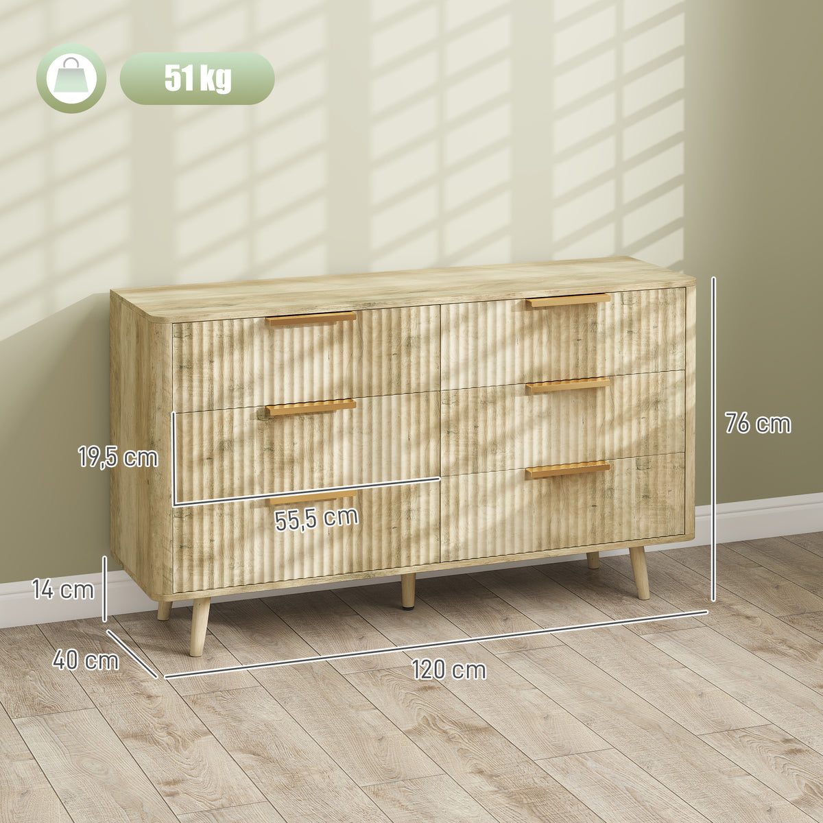 Commode 6 tiroirs scandinave avec poignées et pieds de pin, pour chambre à coucher, salon, couloir, 120x40x76cm, chêne-2