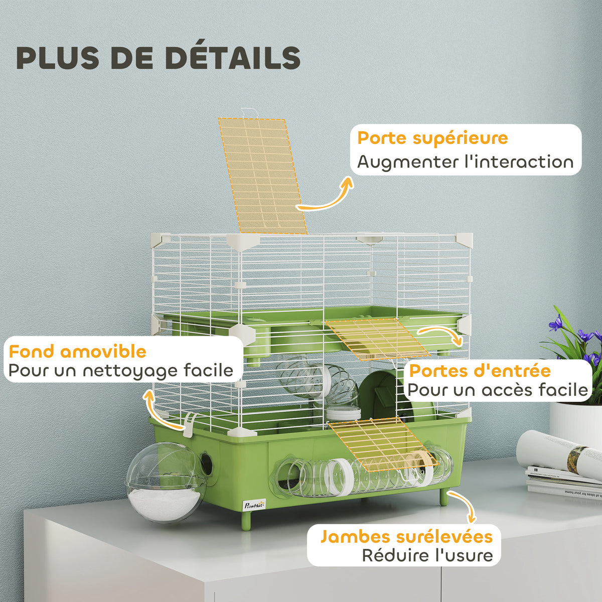 Cage pour hamster à 2 niveaux avec roue de course salle de bain en sable pour hamster nain 44,5 x 28 x 44 cm vert-5