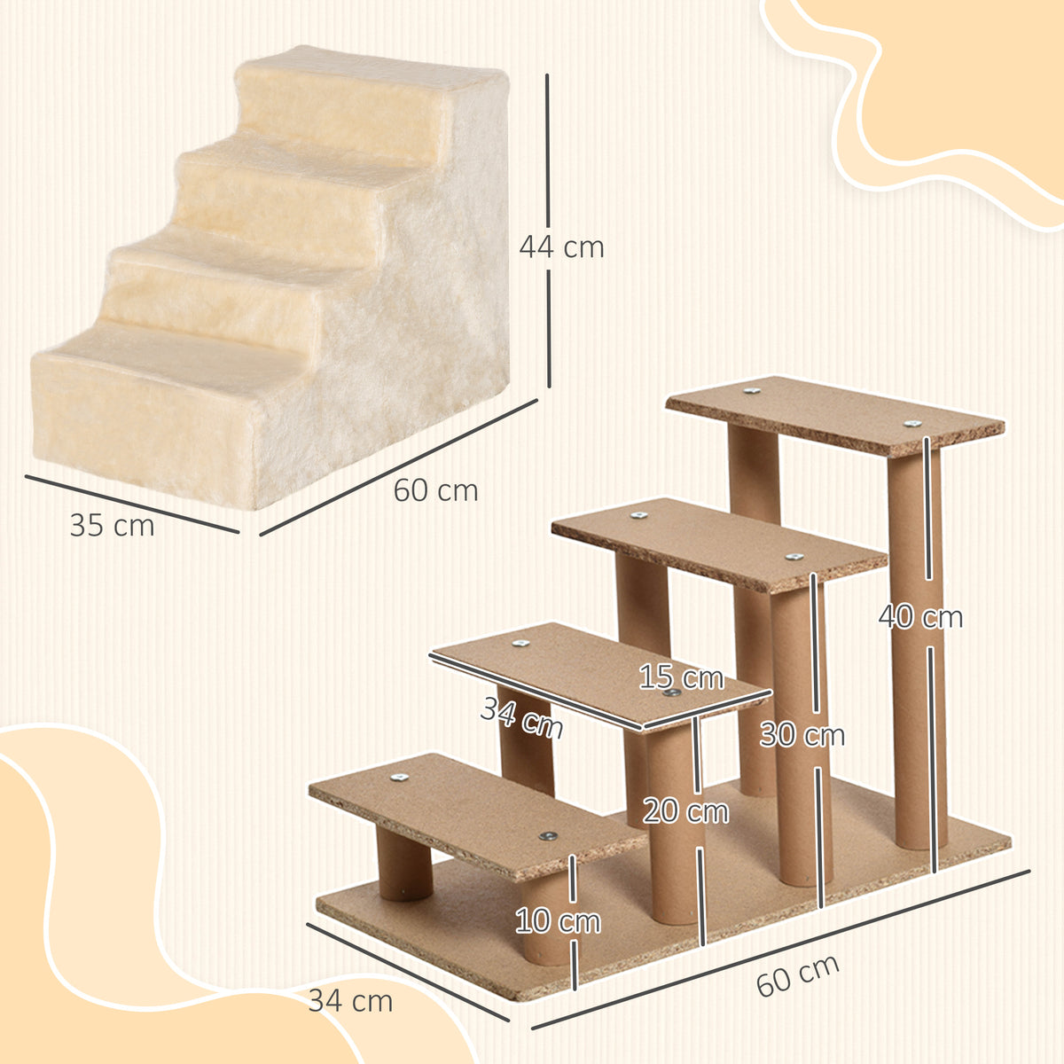 Escalier pour chien à 4 marches escalier pour chat échelle antidérapante housse amovible et lavable 60 x 35 x 44cm beige-2