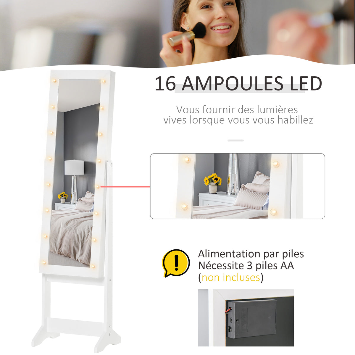 Armoire à bijoux armoire de rangement sur pieds boîte à bijoux avec miroir multi-rangements éclairage LED blanc-4