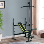 Banc de musculation Fitness entrainement complet dossier réglable cordes traction curler supports barre et haltères noir et jaune-9