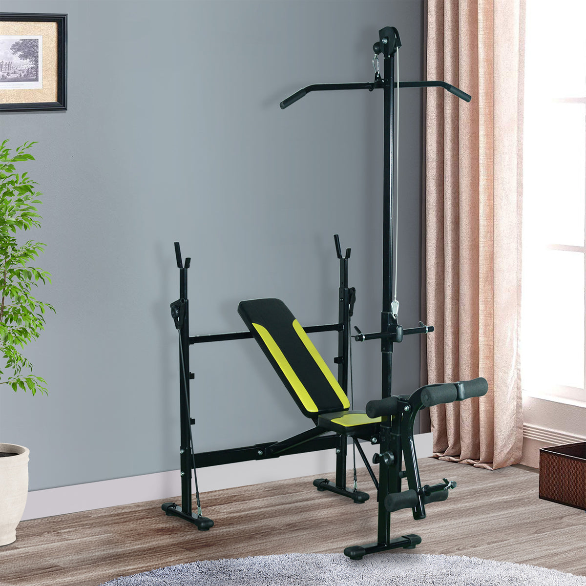 Banc de musculation Fitness entrainement complet dossier réglable cordes traction curler supports barre et haltères noir et jaune-9