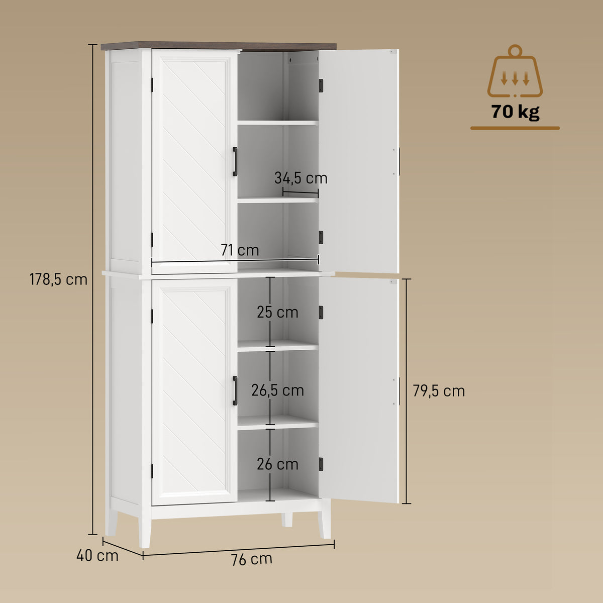 Buffet haut cuisine 6 niveaux, armoire de cuisine, 4 portes à chevrons et 4 étagères réglables, 76x40x178,5cm, blanc-2