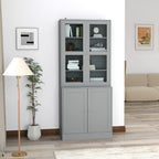 Bibliothèque vitrine, meuble de rangement à 6 niveaux avec 4 portes dont 2 en verre trempé, étagères réglables, gris-1