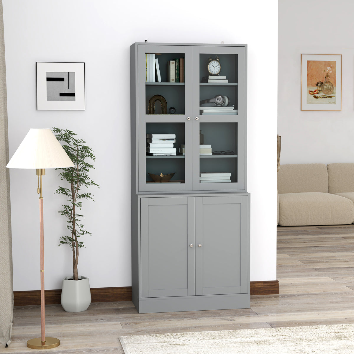Bibliothèque vitrine, meuble de rangement à 6 niveaux avec 4 portes dont 2 en verre trempé, étagères réglables, gris-1