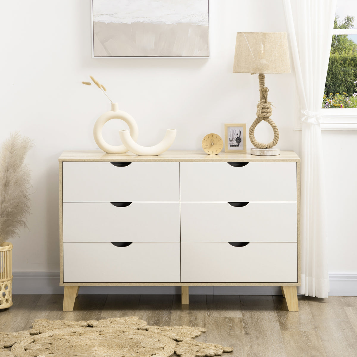 Commode 6 tiroirs style scandinave, meuble de rangement - dim. 120l x 40P x 76H cm, chêne et beige-6