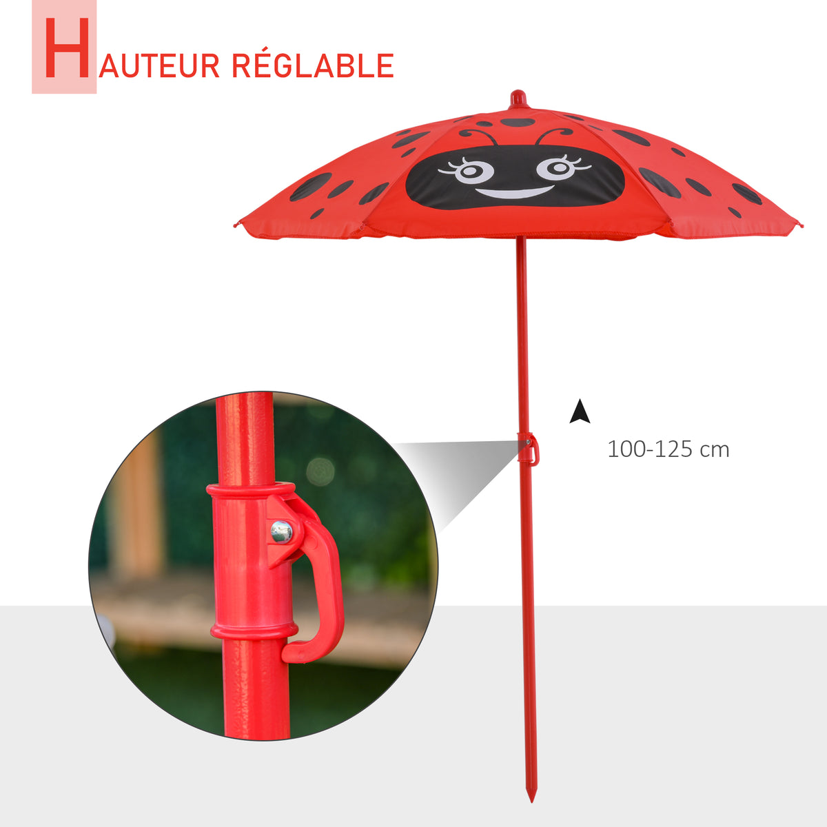 Ensemble Salon de Jardin Enfant 4 pcs Design Coccinelle - Table Ronde + 2 chaises Pliables + Parasol - métal époxy Oxford Rouge-5
