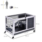 Clapier lapin intérieur, cage à lapins avec toit ouvrant, roulettes, plateau amovible et rampe, cage en bois, 90 x 53 x 59 cm, gris foncé et blanc-2