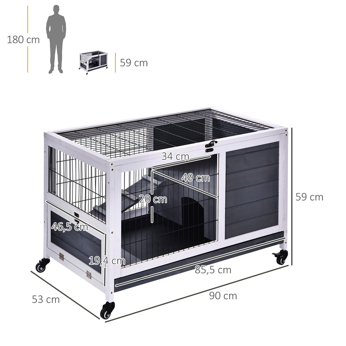 Clapier lapin intérieur, cage à lapins avec toit ouvrant, roulettes, plateau amovible et rampe, cage en bois, 90 x 53 x 59 cm, gris foncé et blanc-2
